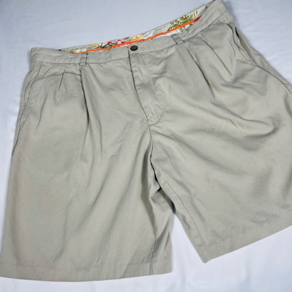 Tommy Bahama Mens Khaki Silk Cotton Blend Pleated Shorts Size 40 Tan Beige